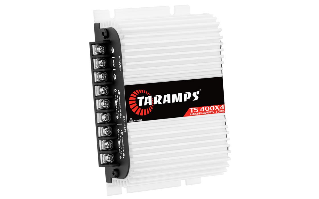 Módulo amplificador automotivo Taramps TS 400x4 branco, de quatro canais, com dissipador de alumínio e bornes de alimentação e saída