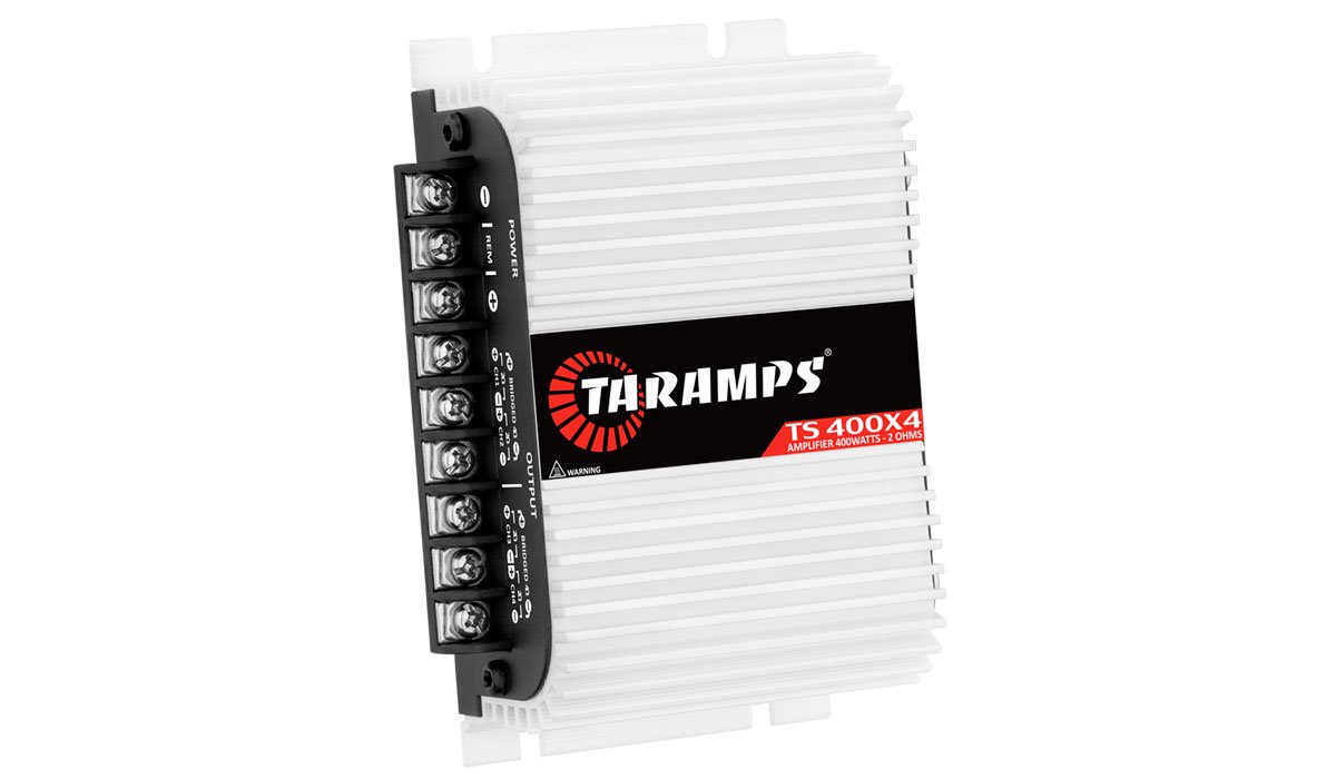 Módulo amplificador automotivo Taramps TS 400x4 branco, de quatro canais, com dissipador de alumínio e bornes de alimentação e saída