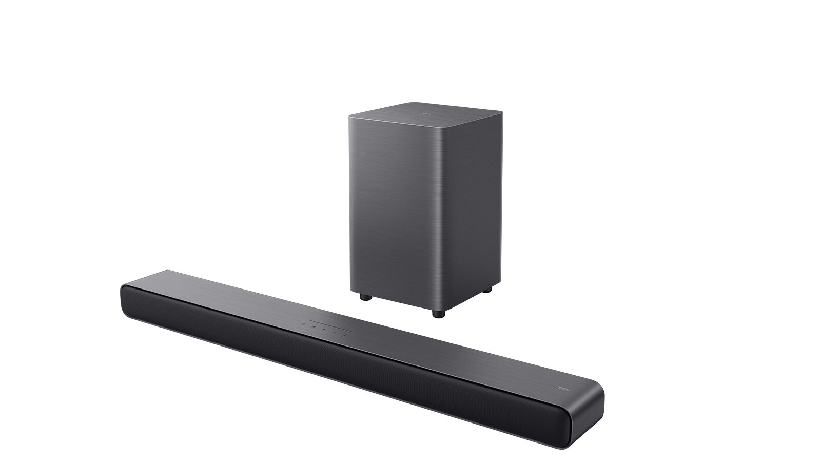 Soundbar TCL S55H na cor cinza-escuro com acabamento escovado, ao lado do subwoofer sem fio, em fundo branco