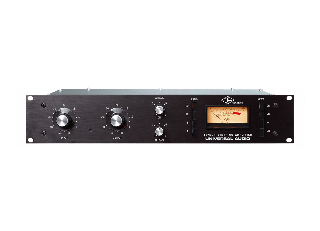 Compressor limitador Universal Audio 1176LN em formato rack, painel preto com medidor VU e botões de ataque e liberação