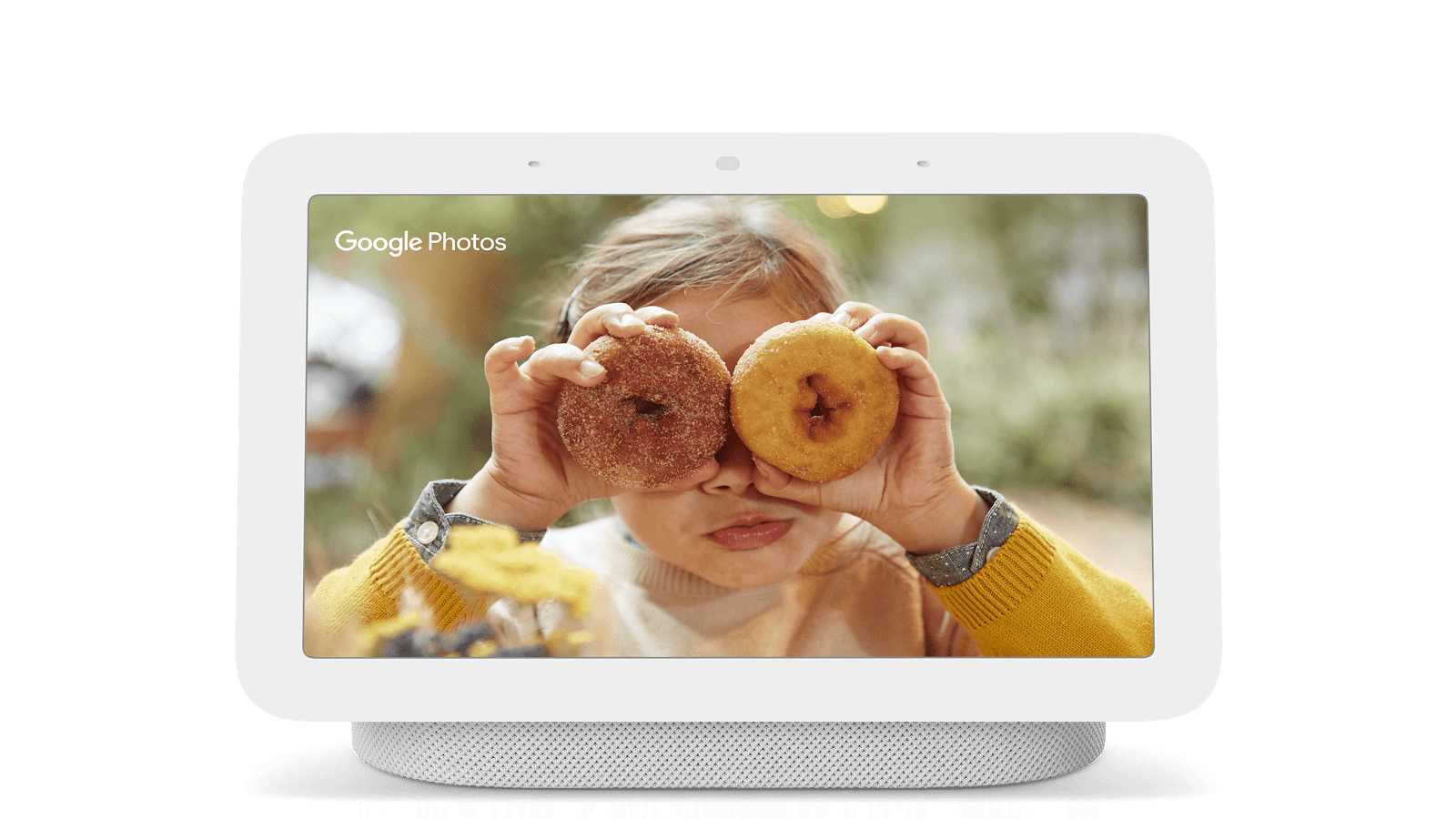 Tela inteligente Google Nest Hub de 2ª geração, branca, mostrando uma foto do Google Fotos