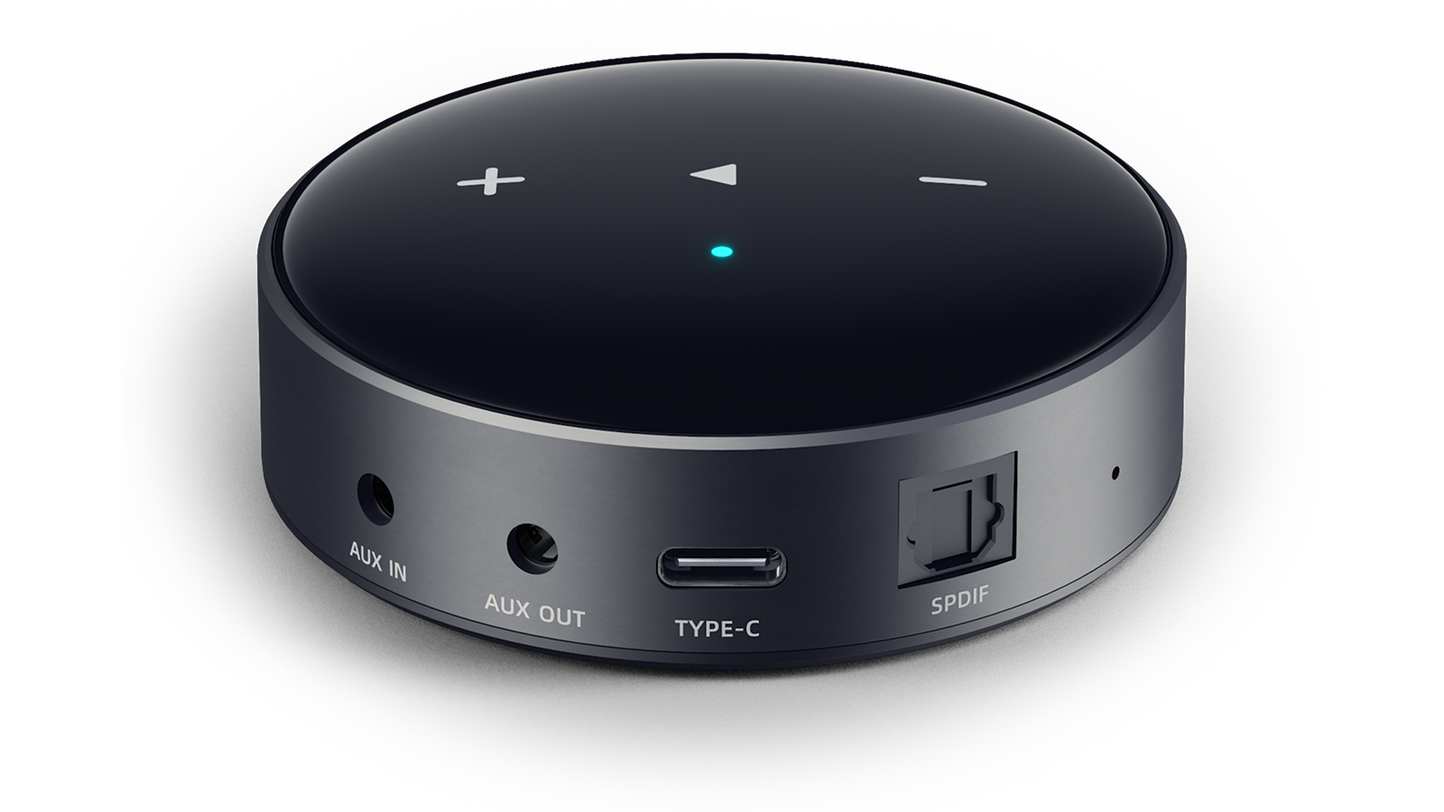 Streamer de áudio WiiM Mini, aparelho redondo preto com controles de toque e saídas auxiliar, óptica e USB-C