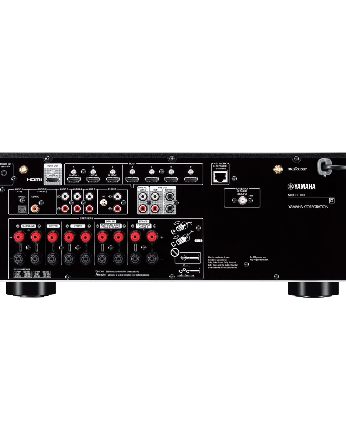 Painel traseiro do receiver Yamaha RX-V6A com saída ZONE OUT e bornes de caixa marcados como Zone 2
