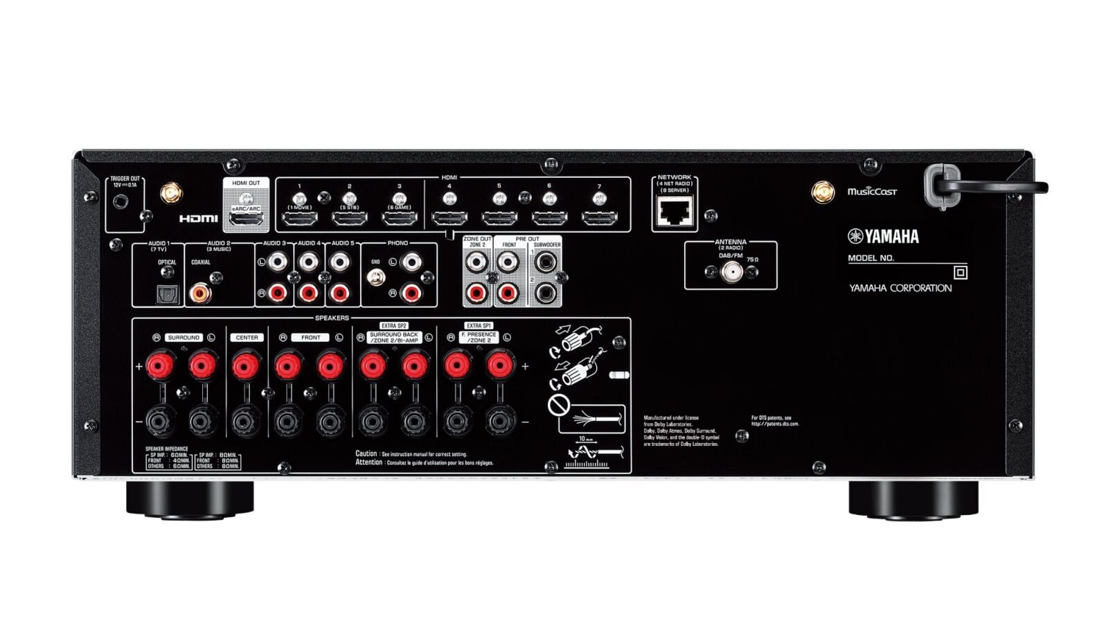 Painel traseiro do receiver Yamaha RX-V6A com saída ZONE OUT e bornes de caixa marcados como Zone 2